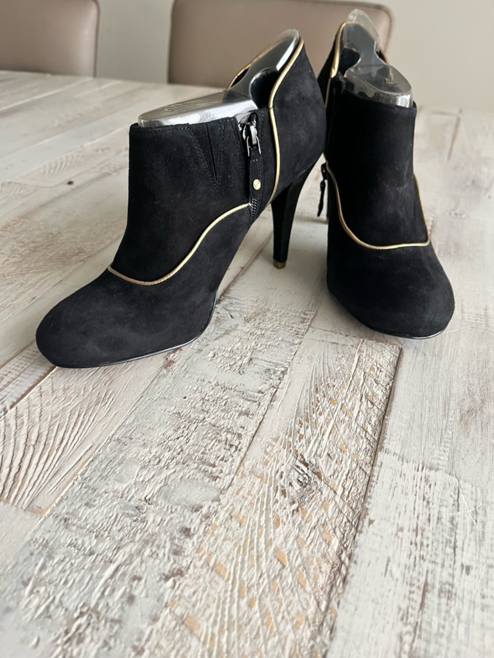 Rockport Black Suede Ankle Booties with Gold Piping
